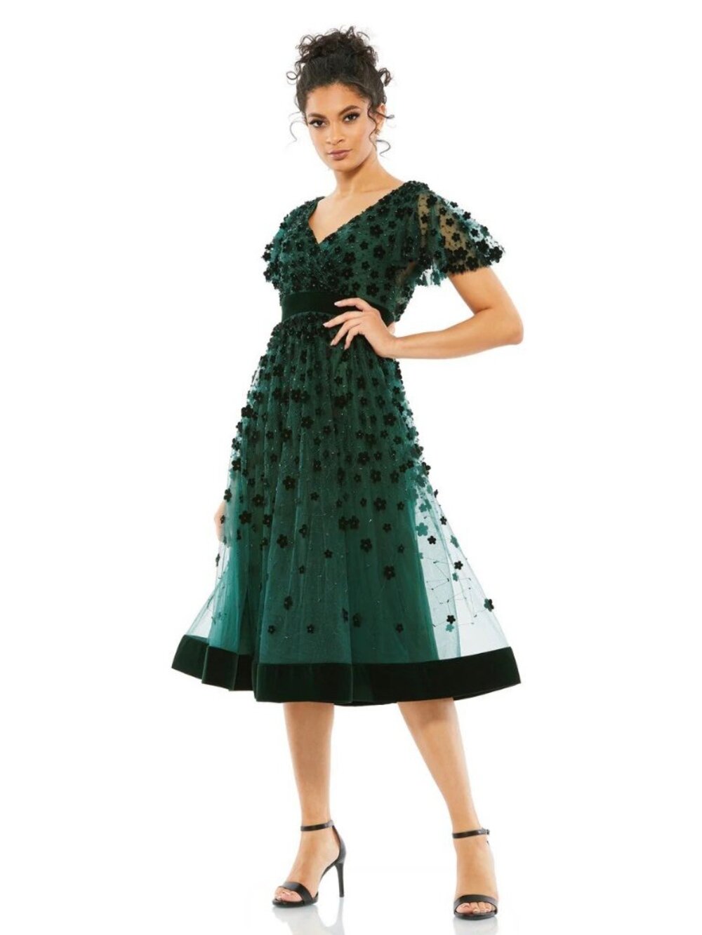 Mac Duggal Size 4 Green 67854 3D Embellished Velvet Hem Midi Cocktail Dress NWT